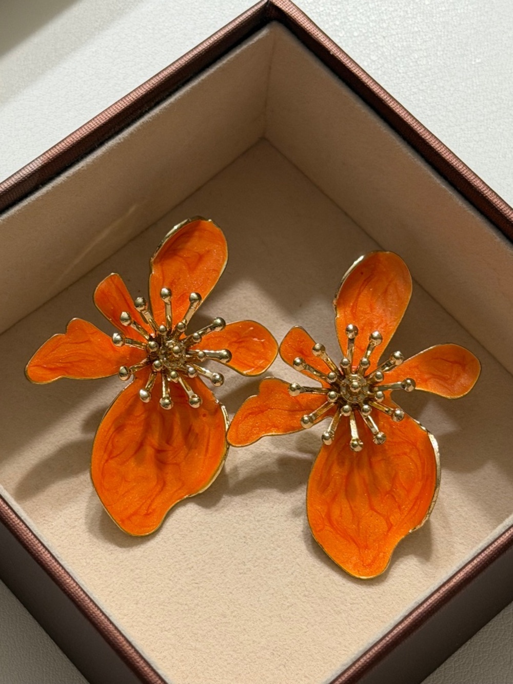 Vintage Golden Orange Asymmetrical Exaggerated Flower Enamel Statement Earrings